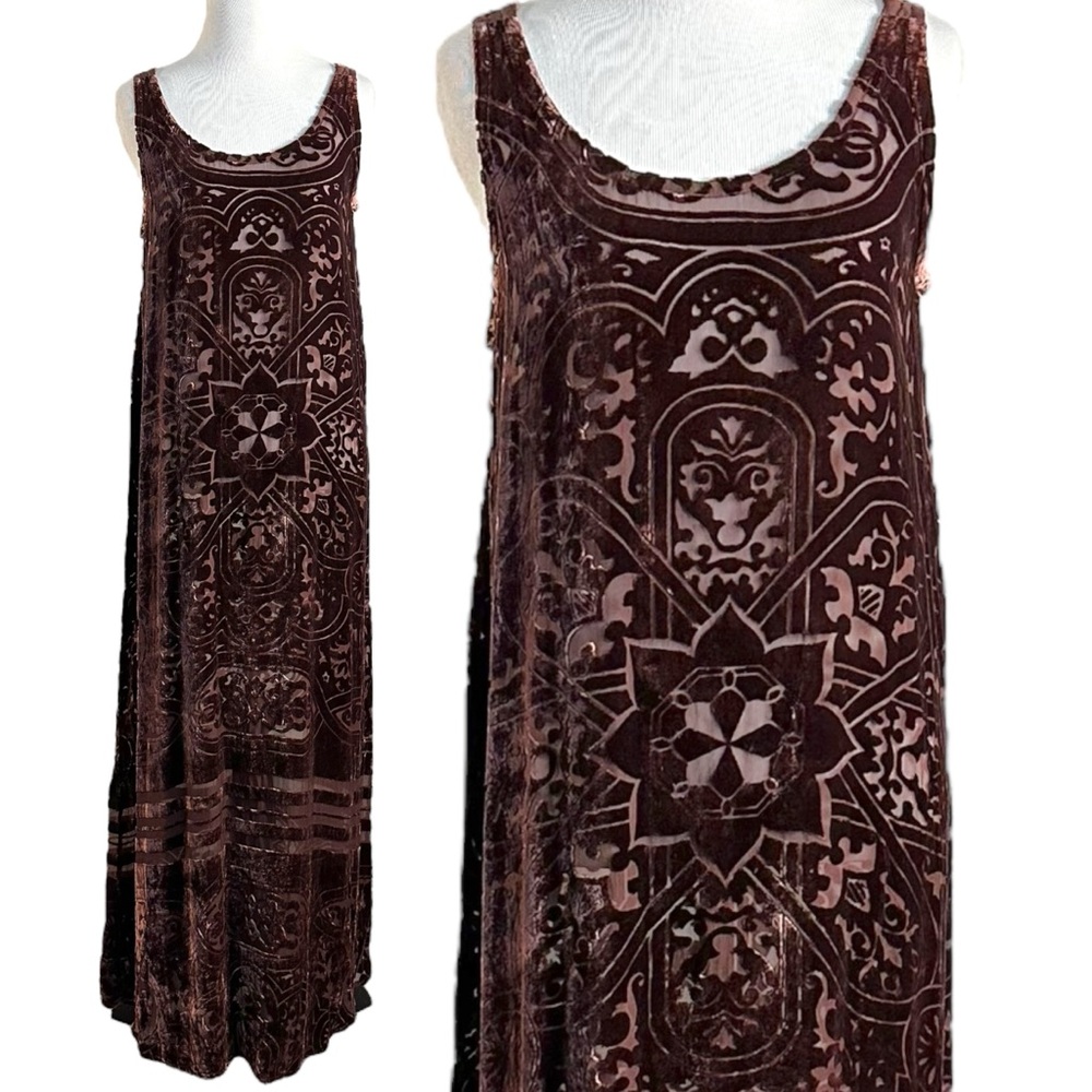 Vintage Citron Santa Monica Art Deco Silk Velvet Devore Maxi Dress Brown Small